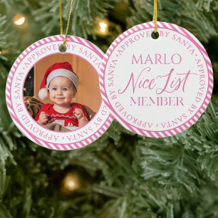 Pink Photo Santa's Nice List Member Christmas Ceramic Tree Decoration