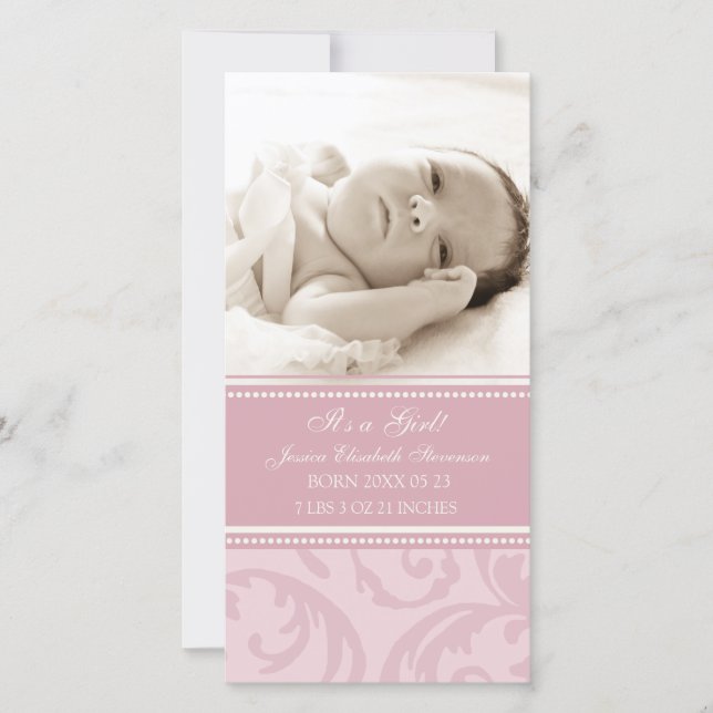 Pink Photo Template New Baby Birth Announcement (Front)