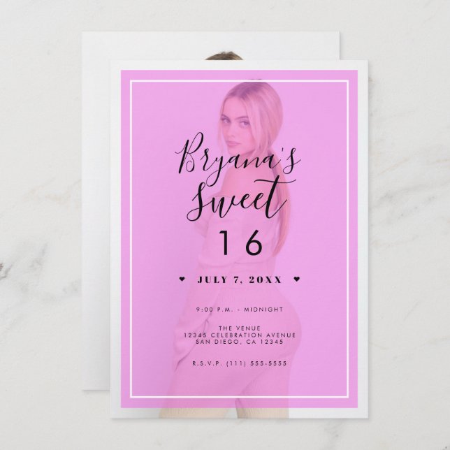 Pink Photo Tint Overlay 2 Modern Minimal Sweet 16 Invitation (Front/Back)