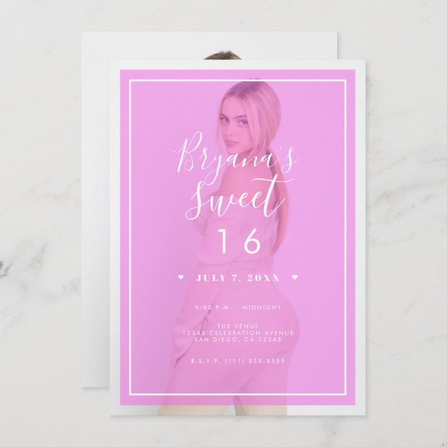 Pink Photo Tint Overlay 2 Modern Minimal Sweet 16 Invitation (Front/Back)