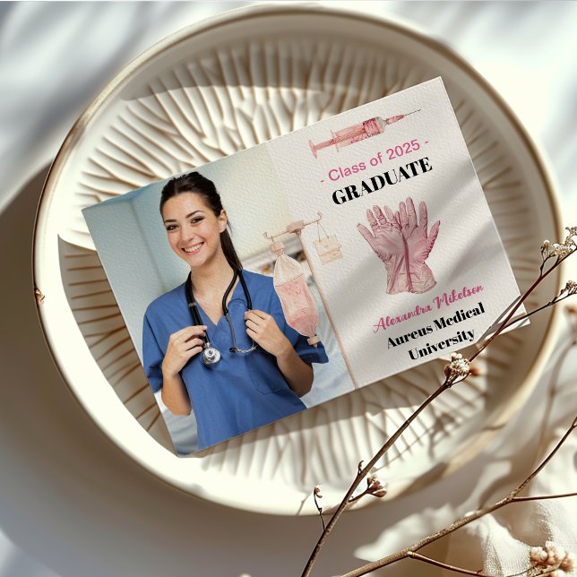 Pink Photo Watercolor  Nursing School Graduate  Announcement (Creator Uploaded)