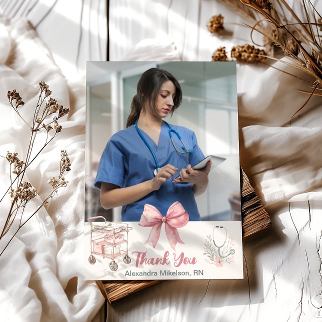 Pink Photo Watercolor  Nursing School Graduate  Thank You Card (Creator Uploaded)