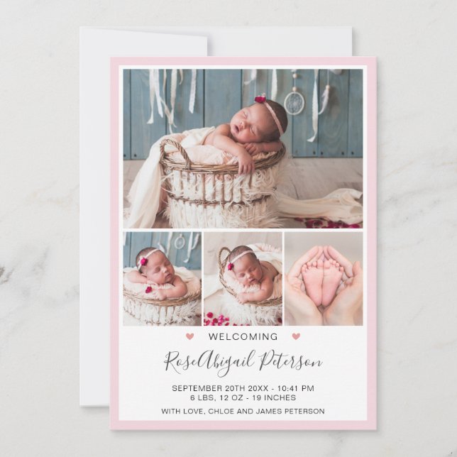 Pink Photo Welcome Baby Stats Newborn Girl Birth Announcement (Front)