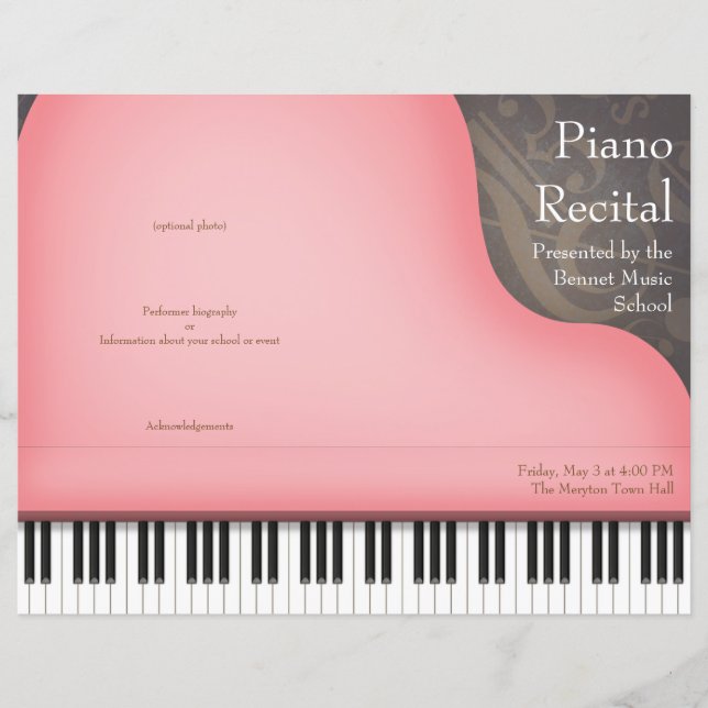 Pink Piano Folded Piano or Vocal Recital Program (Front)