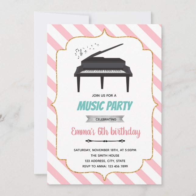 Pink piano music theme invitation (Front)