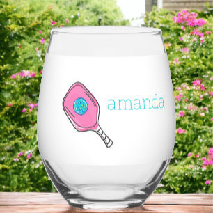 Pink Pickleball Paddle & Ball Personalised Preppy  Stemless Wine Glass