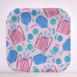 Pink Pickleball Paddles and Balls Paper Plate