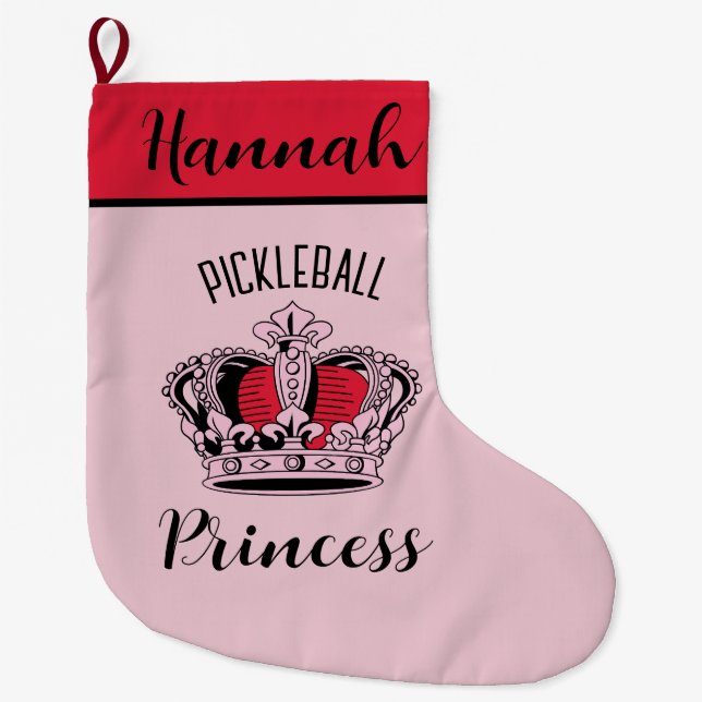 Pink Pickleball Princess Crown  Large Christmas Stocking (Front)