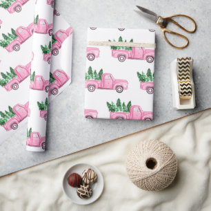 Pink Pickup Truck Christmas Tree Wrapping Paper