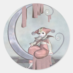 Pink Pierrot Clown Doll on a Silver Moon Classic Round Sticker