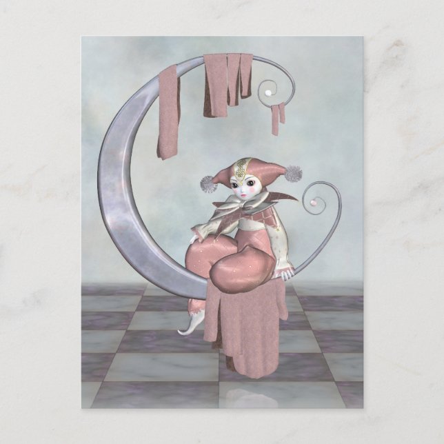 Pink Pierrot Clown Doll on a Silver Moon Postcard (Front)