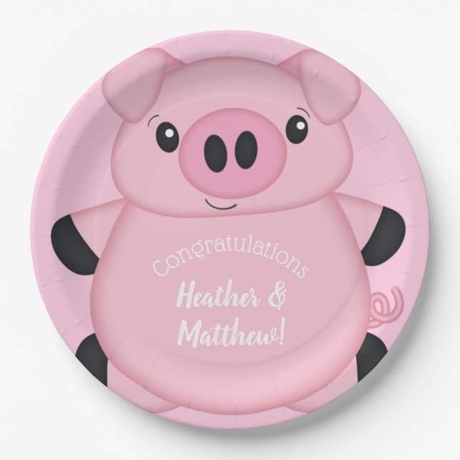Pink Pig Baby Shower Paper Plate (Front)