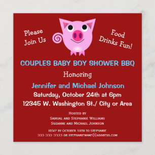 Pink Pig BBQ Couples Baby Shower Boy or Neutral Invitation