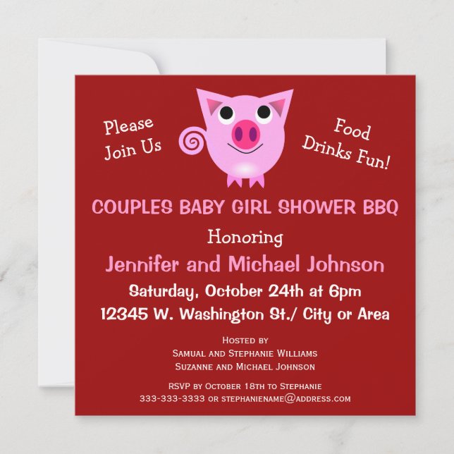 Pink Pig BBQ Couples Baby Shower Girl or Neutral Invitation (Front)