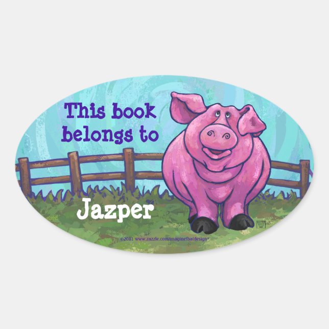 Pink Pig Bookplate Oval Sticker (Front)