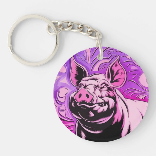 Pink Pig Design Acrylic Keychain Round Happy Hog (Front)