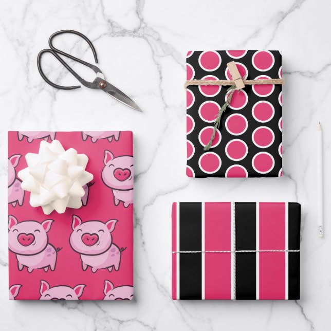 Pink Pig Dots & Stripes Wrapping Paper Sheet Set (Front)