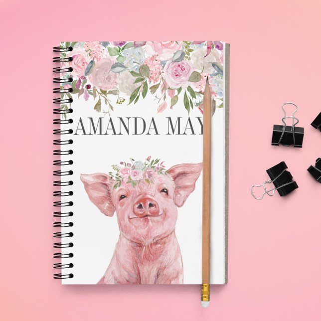 Pink Pig Floral Flower Watercolor monogram  Notebook (Creator Uploaded)