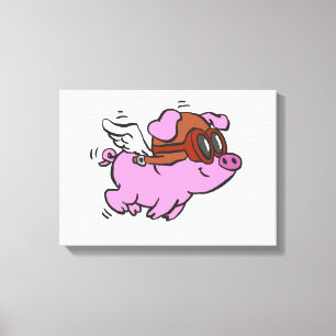 Pink pig flying cartoon choose background colour canvas print
