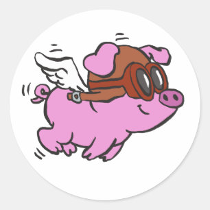 Pink pig flying cartoon   choose background colour classic round sticker