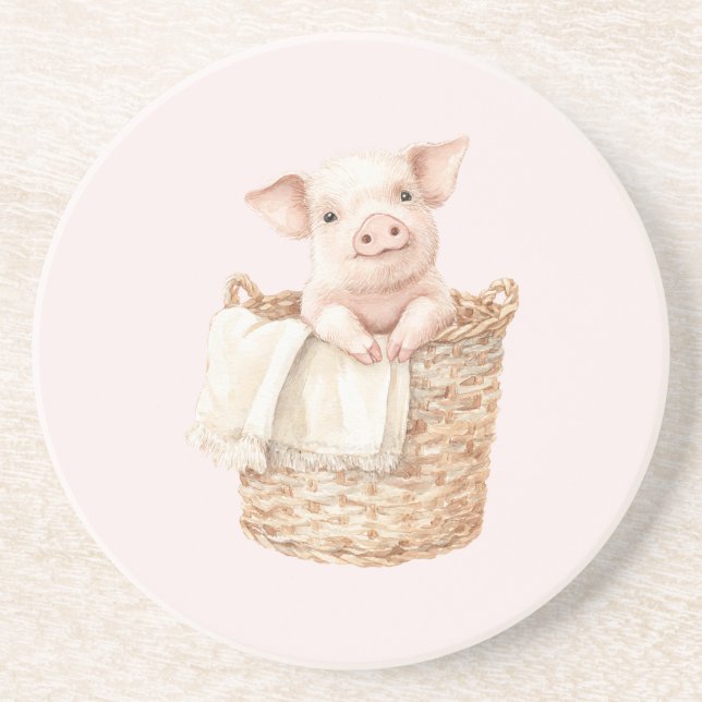 Pink Pig in a Basket Coaster (Front)