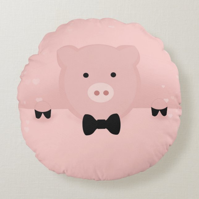 Pink Pig in a Black Bow Tie Round Cushion (Front)