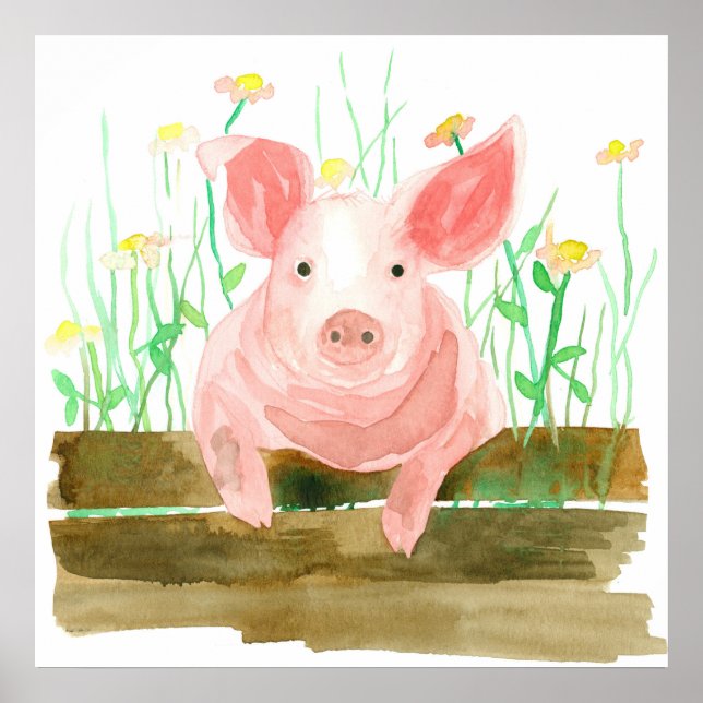 Pink Pig On A Fence Barnyard Farm Animal Poster (Front)