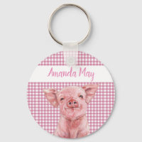 Pink Pig Watercolor Gingham Plaid Monogram