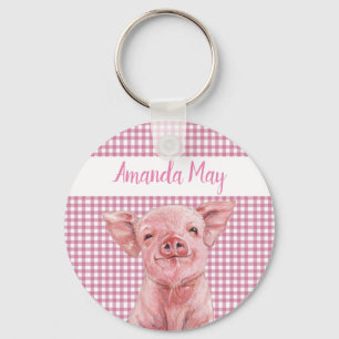 Pink Pig Watercolor Gingham Plaid Monogram   Key Ring