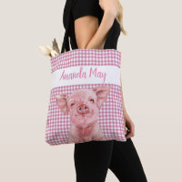 Pink Pig Watercolor Gingham Plaid Monogram