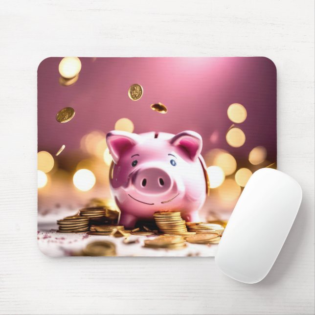 Pink Piggy Bank With Coins Mouse Mat (With Mouse)
