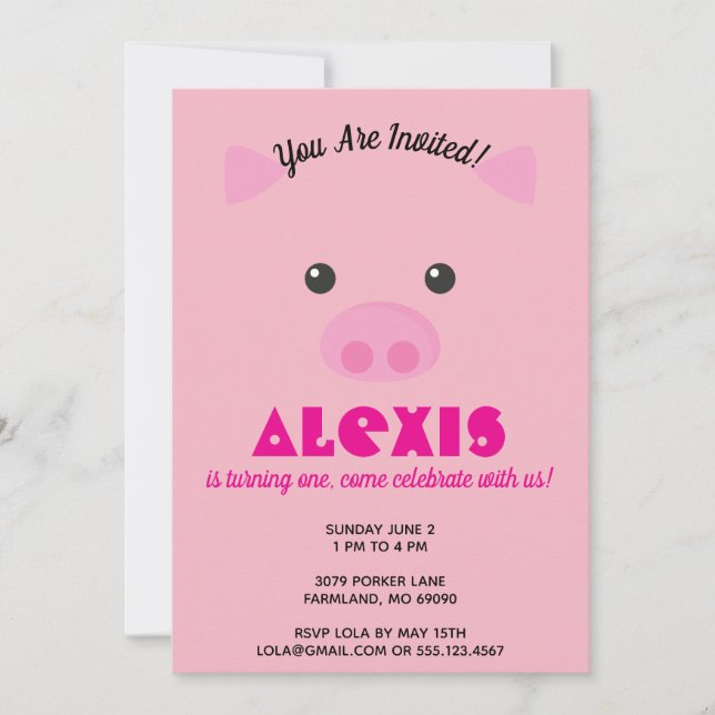 Pink Piggy Face Birthday Party Photo Invite (Front)