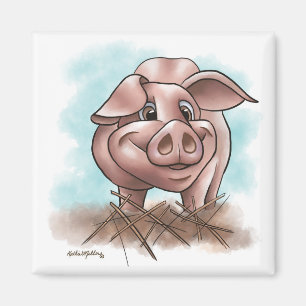 Pink Piggy in the Straw Cartoon Magnet