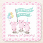 Pink Piggys Kids Birthday Party Square Paper Coaster<br><div class="desc">Celebrate your little piggy's birthday with these pink pig birthday coasters! This adorable design features three hand-painted cute,  muddy pigs,  ready to celebrate with pastel coloured balloons in orange,  yellow,  purple,  blue and green.. The background features pink polka dots on a soft pink background.</div>