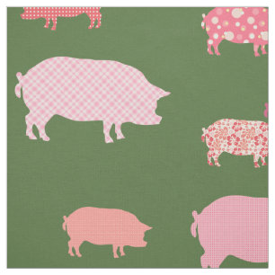 Pink Pigs On Green Background Pattern Fabric