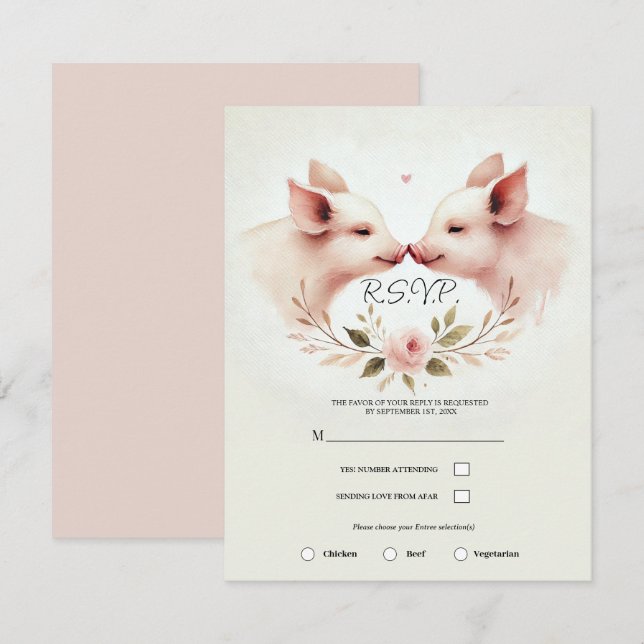 Pink Pigs Snout to Snout Floral Rustic RSVP Invitation (Front/Back)