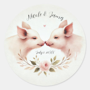 Pink Pigs Snout to Snout Floral Rustic Wedding Classic Round Sticker