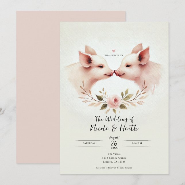 Pink Pigs Snout to Snout Floral Rustic Wedding Invitation (Front/Back)