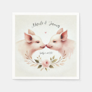 Pink Pigs Snout to Snout Floral Rustic Wedding Napkin