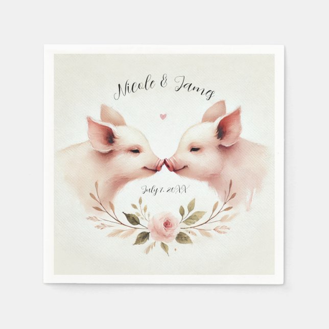 Pink Pigs Snout to Snout Floral Rustic Wedding Napkin (Front)
