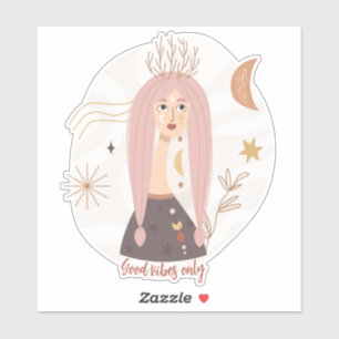 Pink pigtails boho woman flowers moon affirmation
