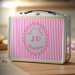Pink Pin Striped With Oval Daisy Centre Metal Lunch Box