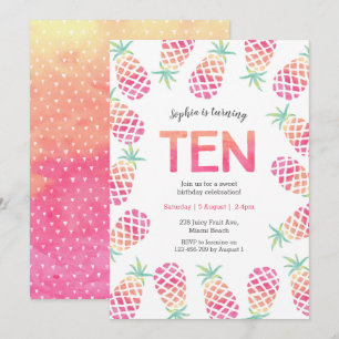 Pink pinapple tropical 10th birthday Invitation