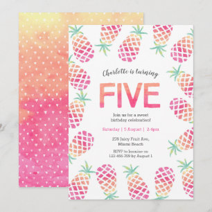 Pink pinapple tropical 5th birthday Invitation