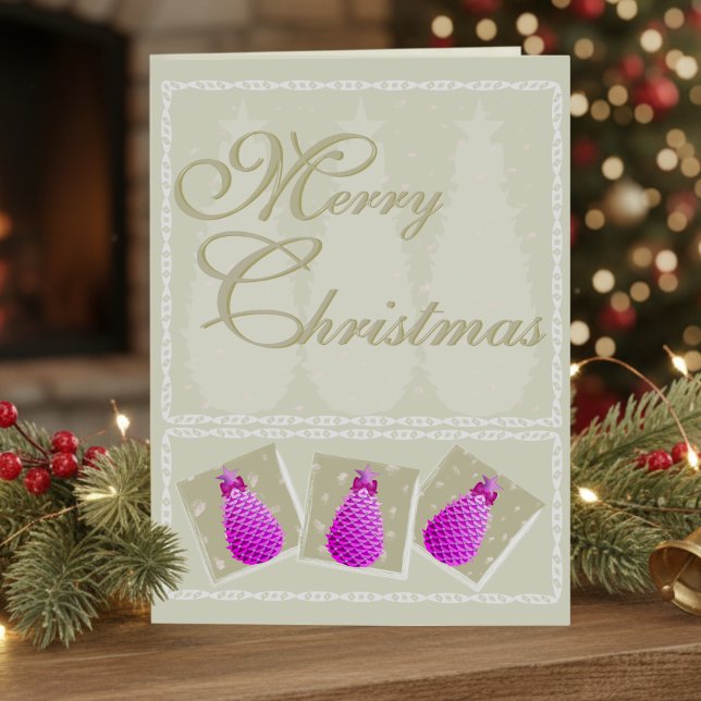 Pink Pine Cone Christmas Photo Folded Holiday Card (Pink pine cones with bows for a little something different. Change the message inside.)
