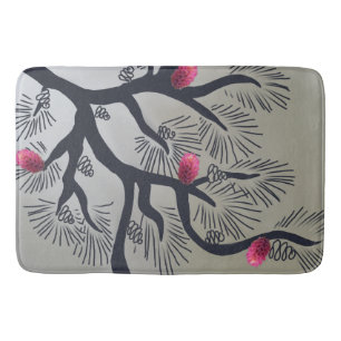 Pink pine flowers and stylised pine tree bath mat