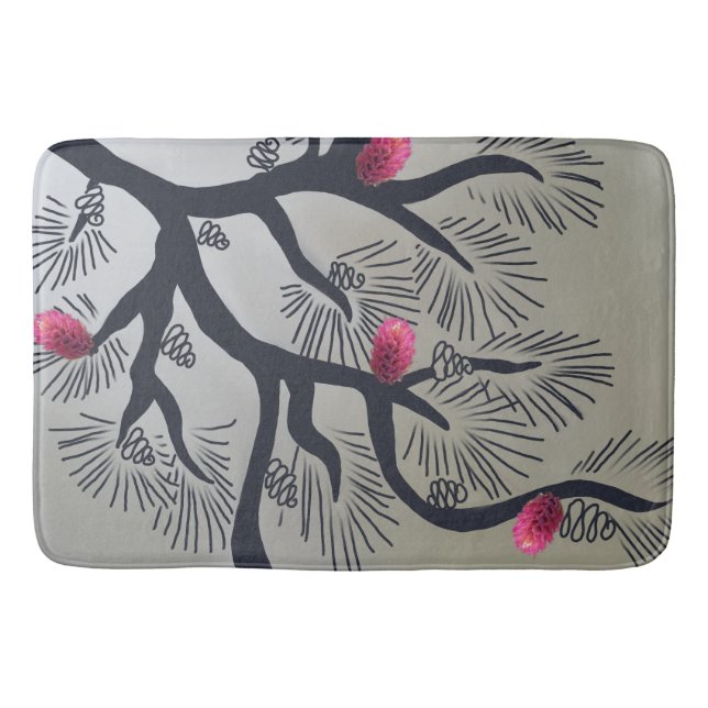 Pink pine flowers and stylised pine tree bath mat (Front)