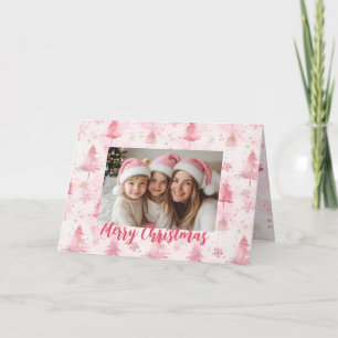 Pink Pine Trees Photo Christmas Card