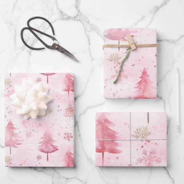 Pink Pine Trees Vintage Christmas Wrapping Paper Sheet (Front)