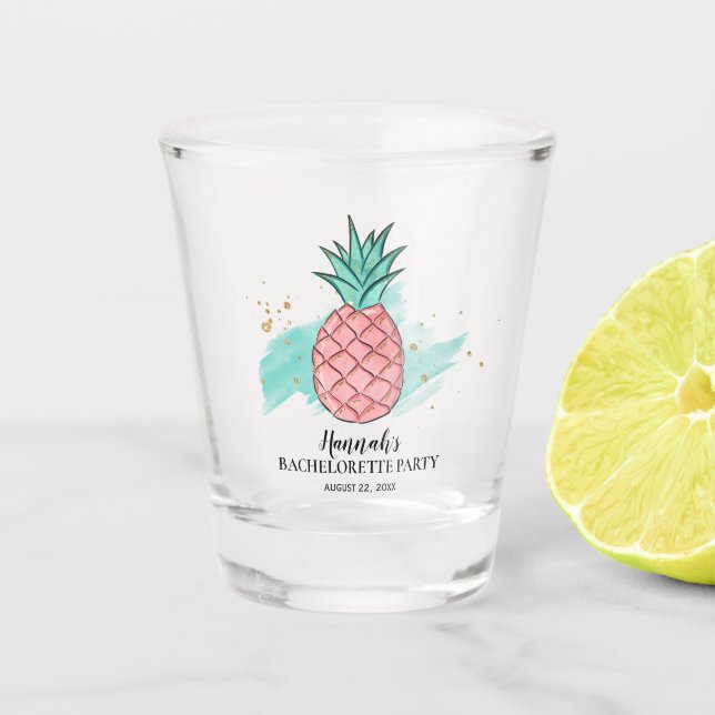 Pink Pineapple Gold Glitter Bachelorette Party Shot Glass (Front)